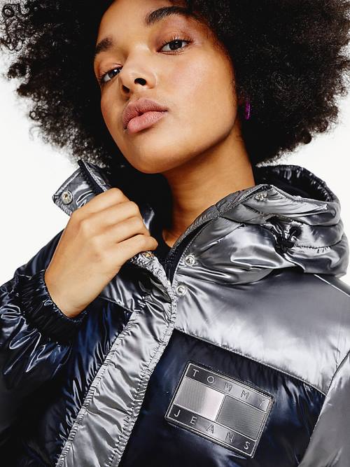 Tommy Hilfiger Metallic Colour-Blocked Down Puffer Kabát Női Szürke | TH038IUY