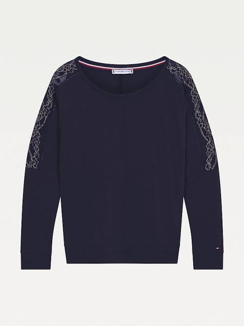 Tommy Hilfiger Metallic Csipke Trim Long Sleeve Pizsama Női Kék | TH920OCT