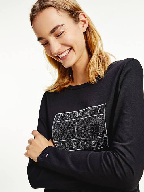 Tommy Hilfiger Metallic Flag Long Sleeve Póló Női Fekete | TH849RLQ