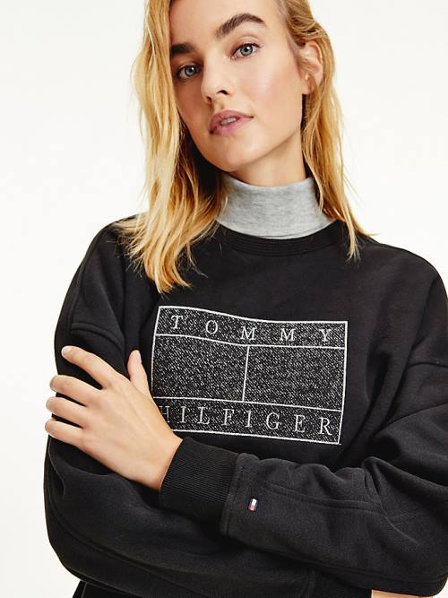 Tommy Hilfiger Metallic Logo Relaxed Crew Neck Pulóver Női Fekete | TH560MQB