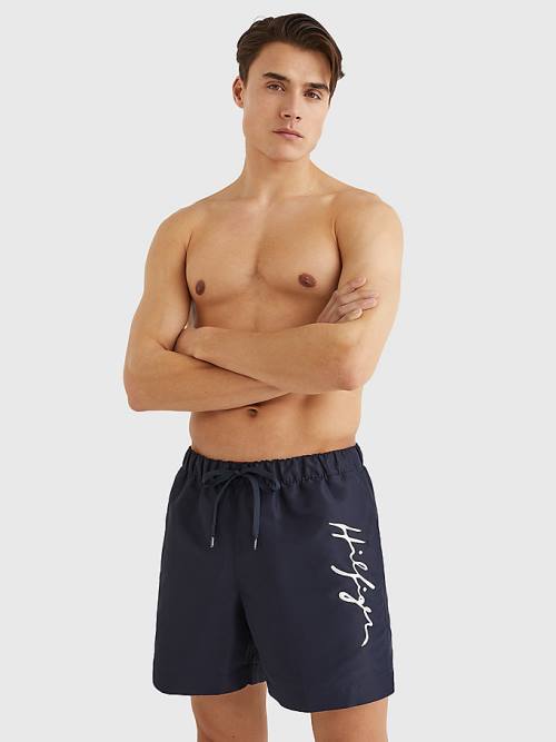 Tommy Hilfiger Mid Length Signature Logo Shorts Fürdőruha Férfi Kék | TH204HIW