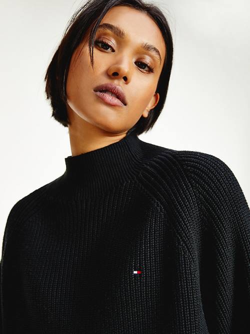 Tommy Hilfiger Mock Turtleneck Organic Pamut Knit Jumper Pulóverek Női Fekete | TH358KAJ