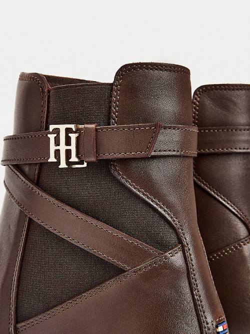 Tommy Hilfiger Monogram Crossover Pántos Bőr Ankle Bakancs Női Barna | TH741KOF