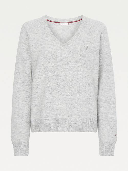 Tommy Hilfiger Monogram Embroidery Relaxed Fit V-Neck Jumper Pulóverek Női Szürke | TH035CBW