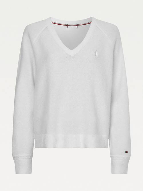 Tommy Hilfiger Monogram Embroidery Relaxed Fit V-Neck Jumper Pulóverek Női Fehér | TH039CTR