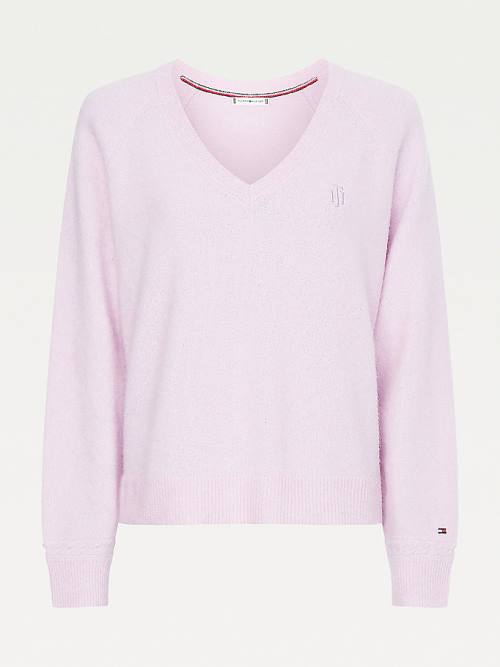 Tommy Hilfiger Monogram Embroidery Relaxed Fit V-Neck Jumper Pulóverek Női Lila | TH235UAM