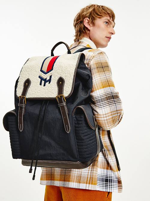 Tommy Hilfiger Monogram Embroidery Sherpa Backpack Táska Férfi Kék | TH173MKL