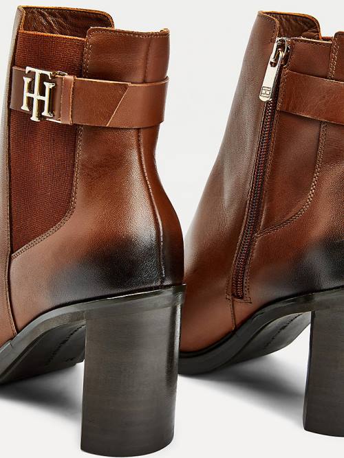 Tommy Hilfiger Monogram High Heel Bőr Ankle Bakancs Női Barna | TH951EOD