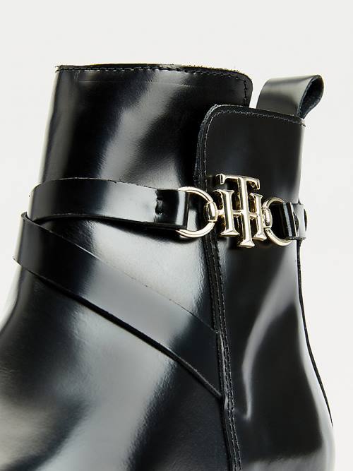 Tommy Hilfiger Monogram Horsebit Bőr Ankle Bakancs Női Fekete | TH154ETR