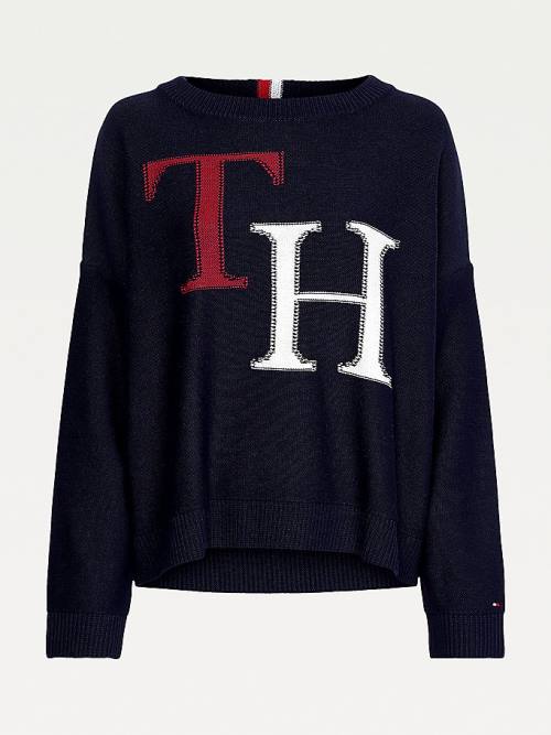 Tommy Hilfiger Monogram Knit Round Neck Jumper Pulóverek Női Kék | TH834ORV