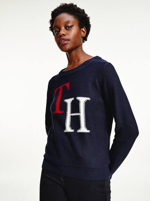 Tommy Hilfiger Monogram Knit Round Neck Jumper Pulóverek Női Kék | TH834ORV