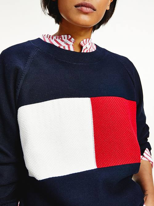 Tommy Hilfiger Organic Pamut Colour-Blocked Flag Jumper Pulóverek Női Kék | TH364WVO