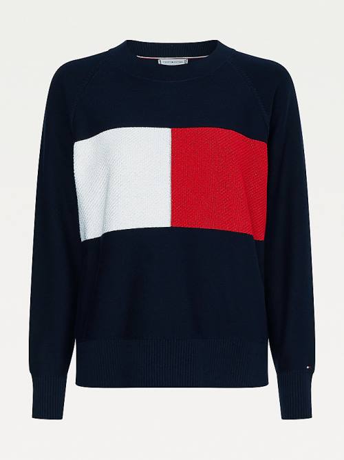 Tommy Hilfiger Organic Pamut Colour-Blocked Flag Jumper Pulóverek Női Kék | TH364WVO