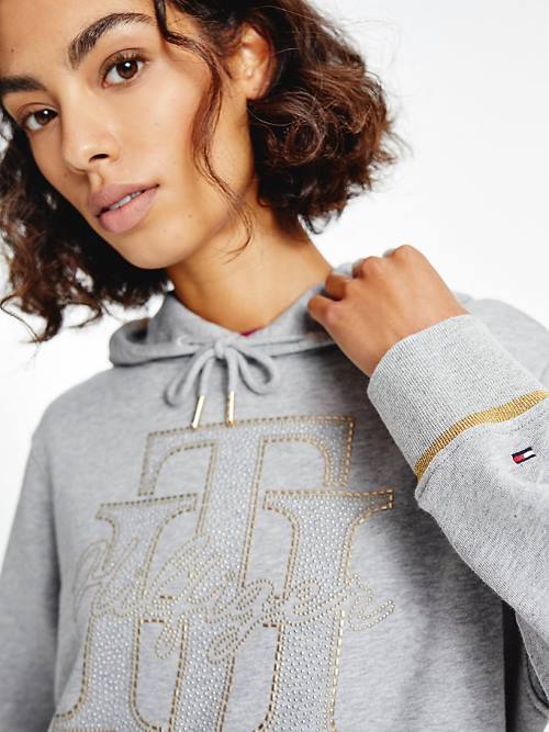 Tommy Hilfiger Organic Pamut Crystal Monogram Kapucnis Pulóver Női Szürke | TH176YMN