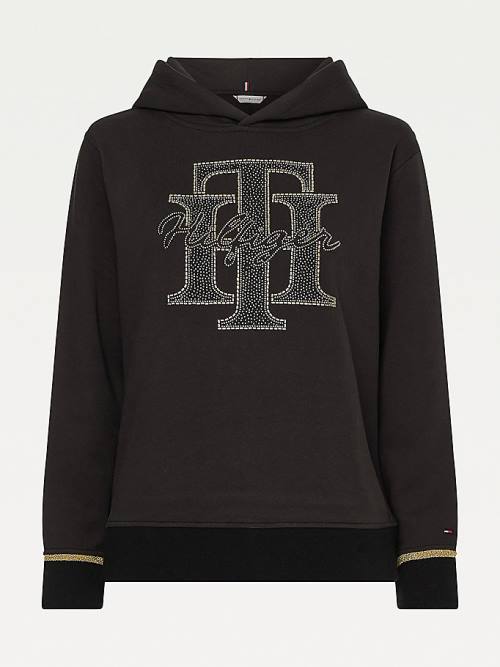 Tommy Hilfiger Organic Pamut Crystal Monogram Kapucnis Pulóver Női Fekete | TH846ERW