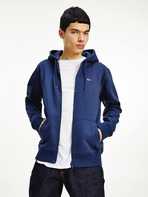 Tommy Hilfiger Organic Pamut Fleece Zip-Thru Kapucnis Pulóver Férfi Kék | TH465GJT