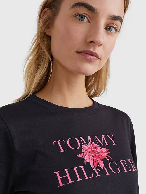 Tommy Hilfiger Organic Pamut Floral Print Póló Női Fekete | TH185QWD