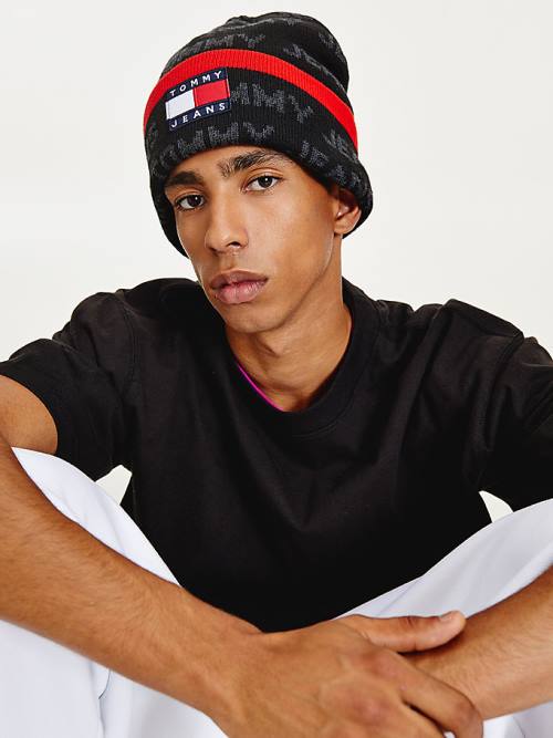 Tommy Hilfiger Organic Pamut Logo Print Beanie Kalap Férfi Fekete | TH063WCP