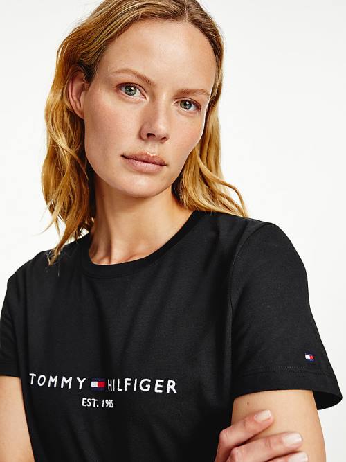 Tommy Hilfiger Organic Pamut Logo Póló Női Fekete | TH314COX