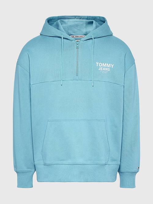 Tommy Hilfiger Organic Pamut Logo Tape Kapucnis Pulóver Férfi Kék | TH752UNF