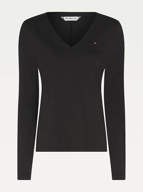 Tommy Hilfiger Organic Pamut Long Sleeve V-Neck Póló Női Fekete | TH036VYR