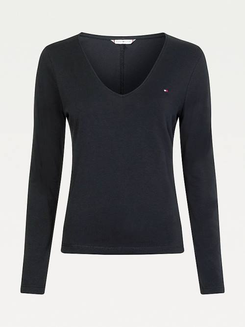 Tommy Hilfiger Organic Pamut Long Sleeve V-Neck Póló Női Fekete | TH036VYR