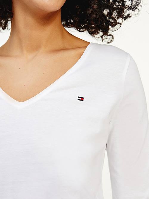 Tommy Hilfiger Organic Pamut Long Sleeve V-Neck Póló Női Fehér | TH107ZXF