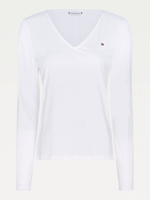 Tommy Hilfiger Organic Pamut Long Sleeve V-Neck Póló Női Fehér | TH107ZXF