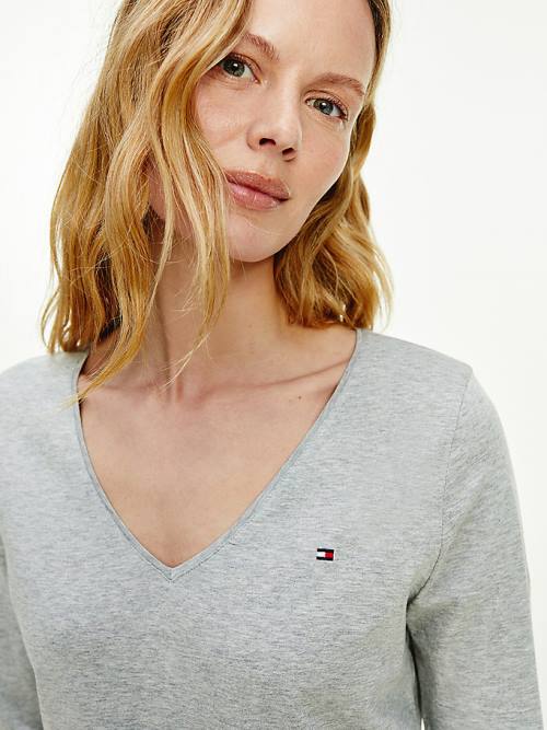 Tommy Hilfiger Organic Pamut Long Sleeve V-Neck Póló Női Szürke | TH350MLX