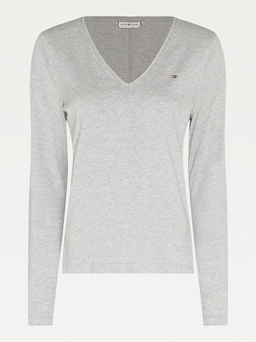 Tommy Hilfiger Organic Pamut Long Sleeve V-Neck Póló Női Szürke | TH350MLX