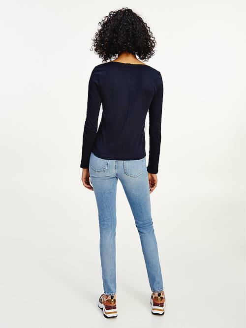 Tommy Hilfiger Organic Pamut Long Sleeve V-Neck Póló Női Kék | TH820NFI