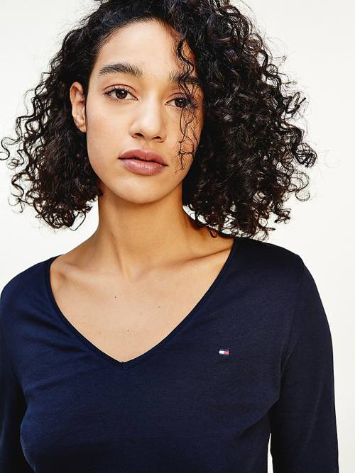 Tommy Hilfiger Organic Pamut Long Sleeve V-Neck Póló Női Kék | TH820NFI