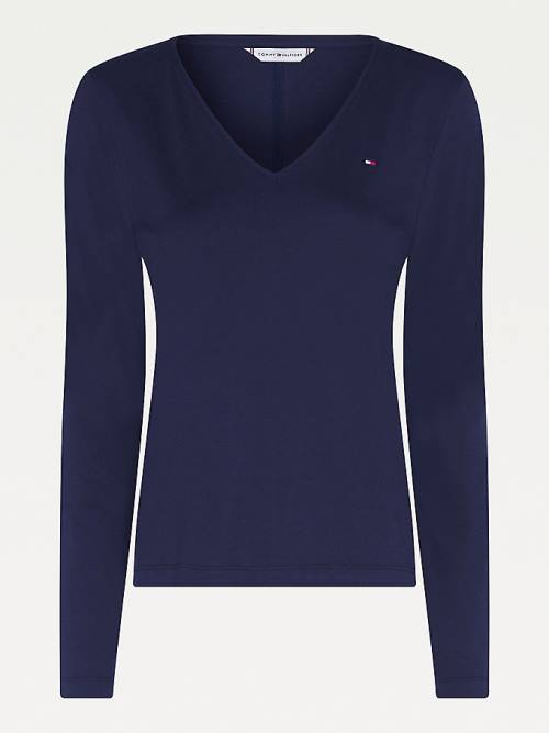 Tommy Hilfiger Organic Pamut Long Sleeve V-Neck Póló Női Kék | TH820NFI