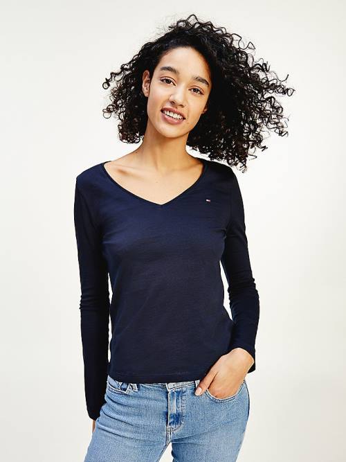 Tommy Hilfiger Organic Pamut Long Sleeve V-Neck Póló Női Kék | TH820NFI