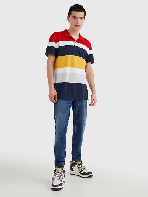 Tommy Hilfiger Organic Pamut Pique Multi Stripe Póló Férfi Piros | TH726ZNK