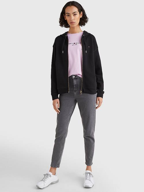 Tommy Hilfiger Organic Pamut Relaxed Fit Zip-Thru Kapucnis Pulóver Női Fekete | TH089MQC