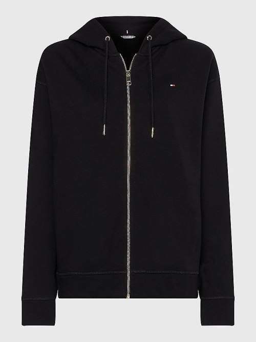 Tommy Hilfiger Organic Pamut Relaxed Fit Zip-Thru Kapucnis Pulóver Női Fekete | TH089MQC