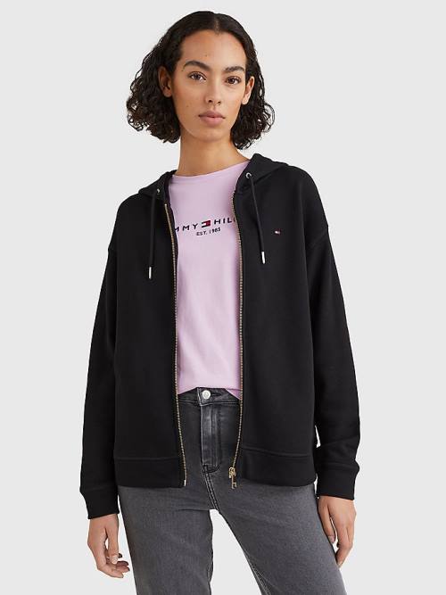 Tommy Hilfiger Organic Pamut Relaxed Fit Zip-Thru Kapucnis Pulóver Női Fekete | TH089MQC