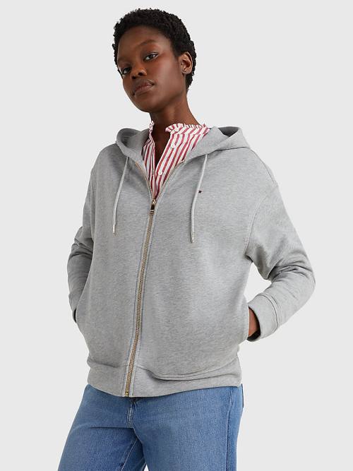 Tommy Hilfiger Organic Pamut Relaxed Fit Zip-Thru Kapucnis Pulóver Női Szürke | TH963KGI