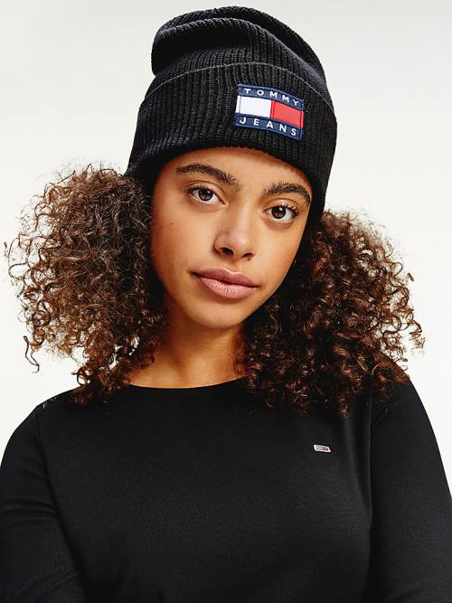 Tommy Hilfiger Organic Pamut Rib-Knit Badge Beanie Kalap Női Fekete | TH631WCK