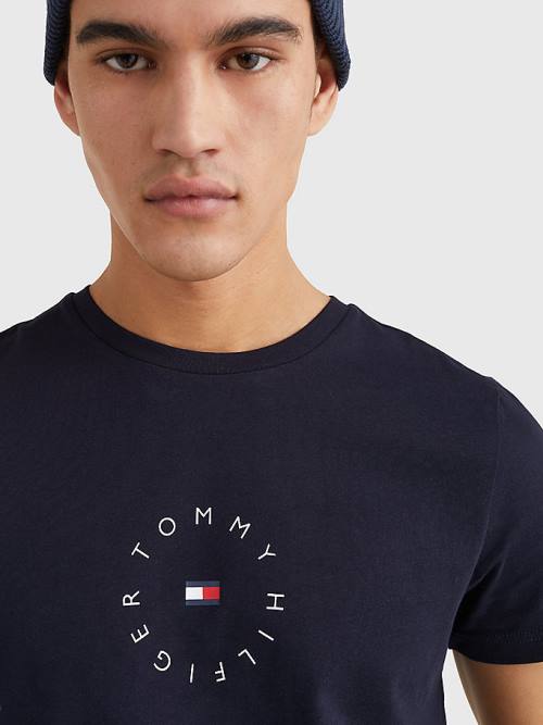 Tommy Hilfiger Organic Pamut Round Logo Póló Férfi Kék | TH910XPQ