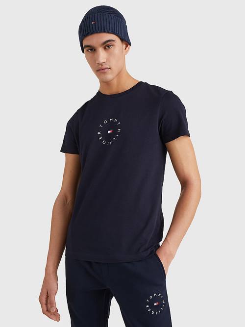 Tommy Hilfiger Organic Pamut Round Logo Póló Férfi Kék | TH910XPQ