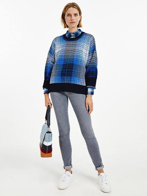 Tommy Hilfiger Organic Pamut Shadow Check Jumper Pulóverek Női Kék | TH641KHT