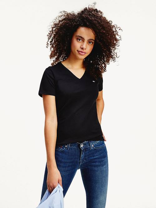 Tommy Hilfiger Organic Pamut Skinny Fit V-Neck Póló Női Fekete | TH482BQS