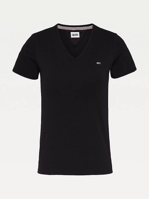 Tommy Hilfiger Organic Pamut Skinny Fit V-Neck Póló Női Fekete | TH482BQS