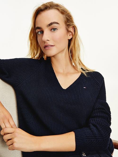 Tommy Hilfiger Organic Pamut V-Neck Jumper Pulóverek Női Kék | TH431BUR