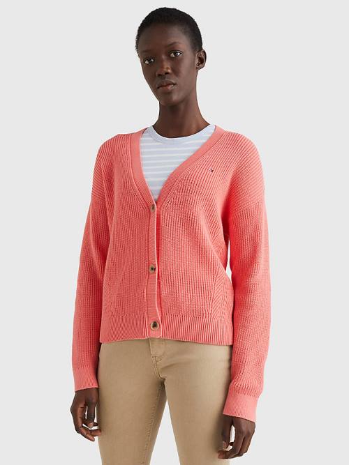 Tommy Hilfiger Organic Pamut V-Neck Relaxed Fit Cardigan Pulóverek Női Piros | TH076PYW