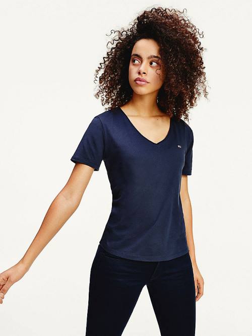 Tommy Hilfiger Organic Pamut V-Neck Slim Fit Póló Női Kék | TH192PCG