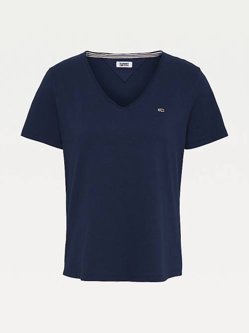 Tommy Hilfiger Organic Pamut V-Neck Slim Fit Póló Női Kék | TH192PCG