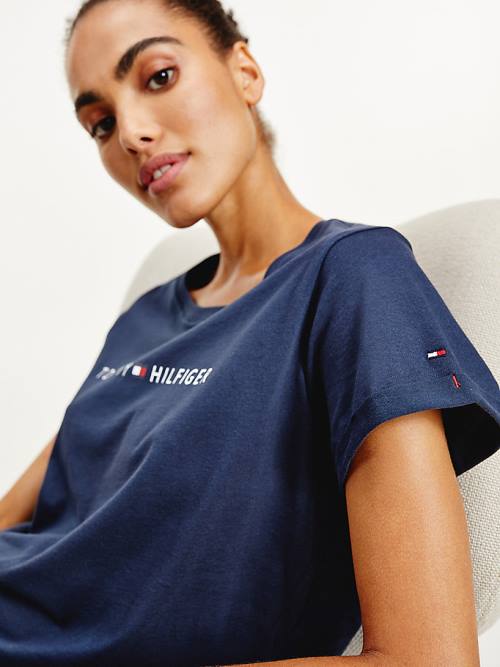 Tommy Hilfiger Original Logo Turn-Back Cuff Póló Női Kék | TH893JNI